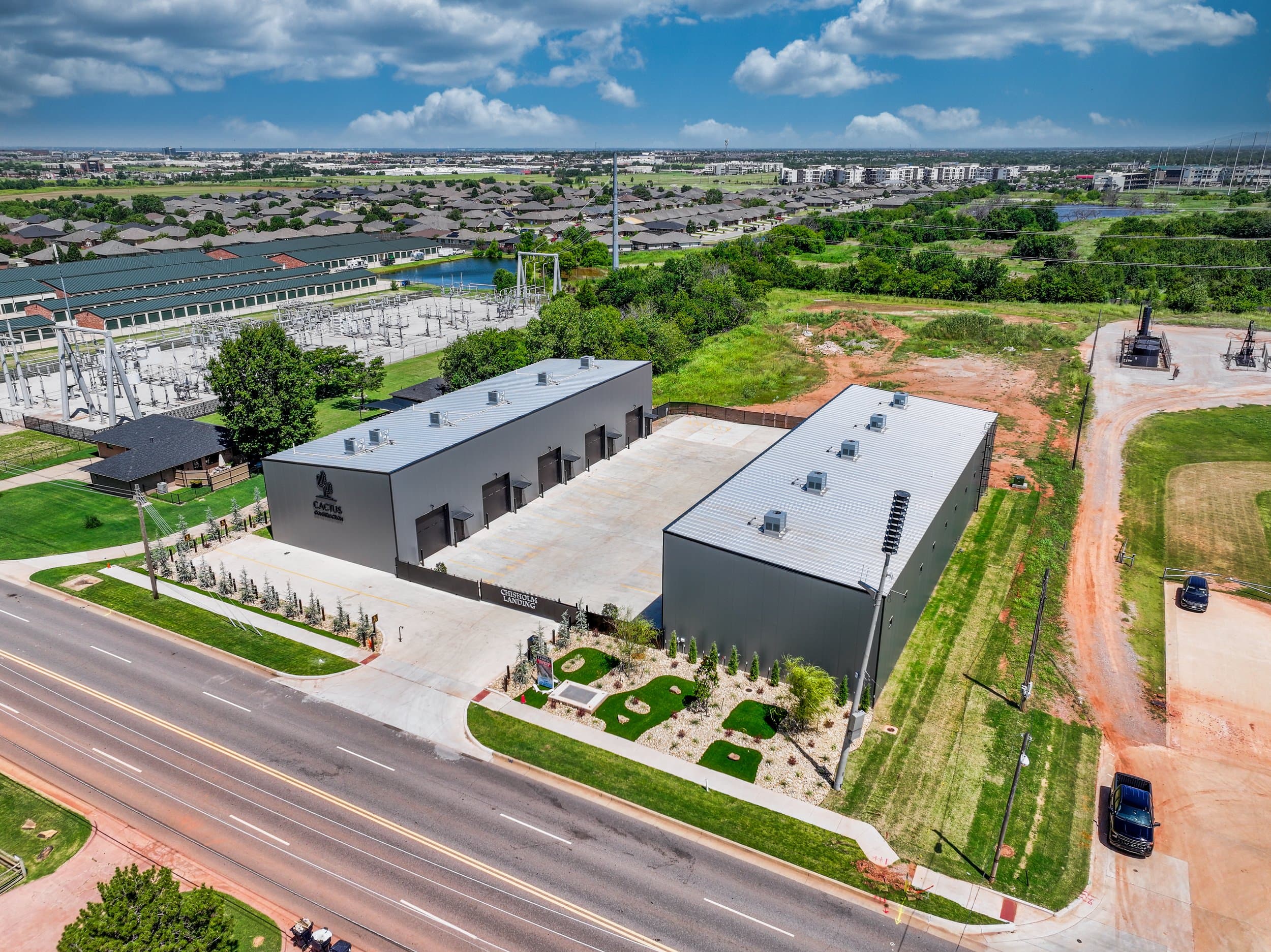 Aerial view of the Chisholm Landing flex-industrial buildings on NW 122nd Street
