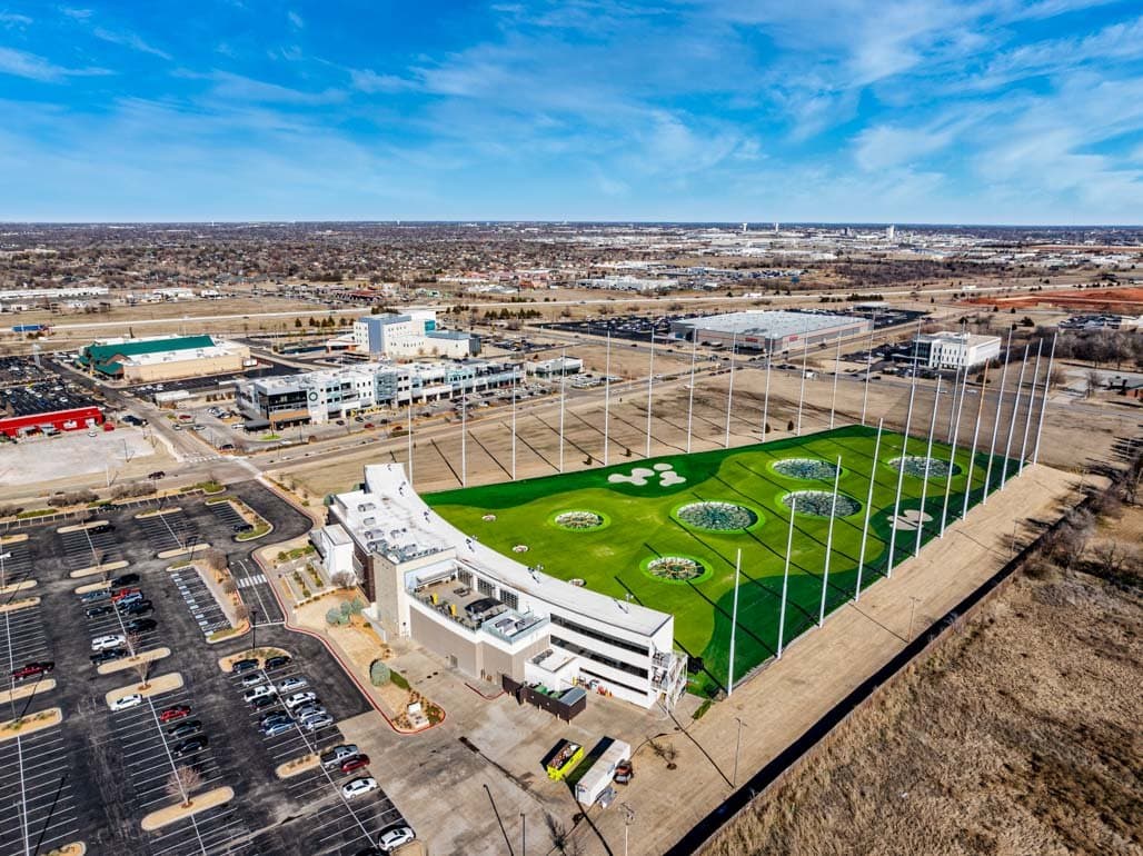 Aerial view of Topgolf and the surrounding Chisholm Creek development