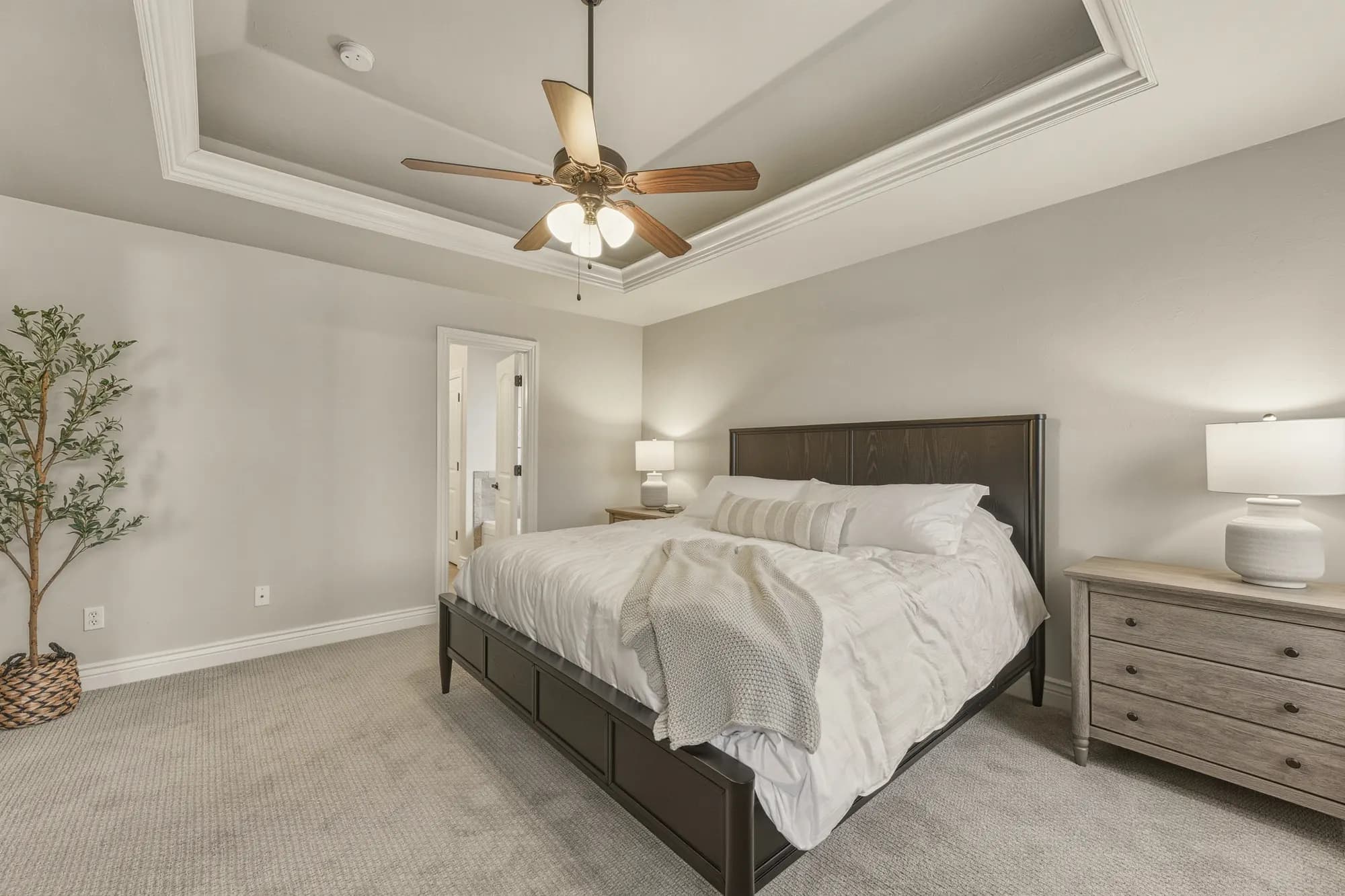 Primary bedroom with a tray ceiling and neutral linens